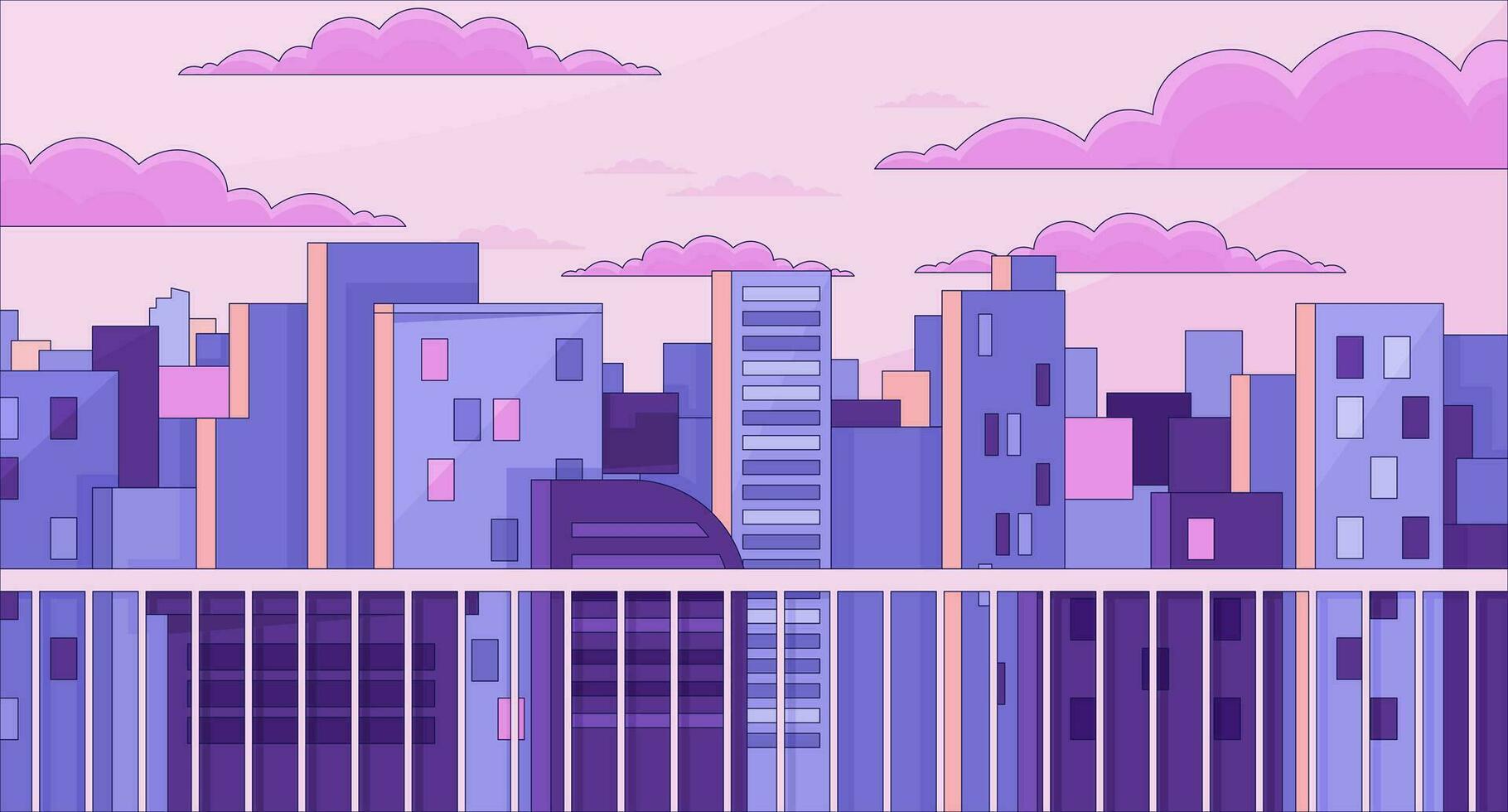 Observation desk chill lo fi background. Open terrace. Looking on view. Buildings 2D vector cartoon cityscape illustration, purple lofi wallpaper desktop. Sunset aesthetic 90s retro art, dreamy vibes