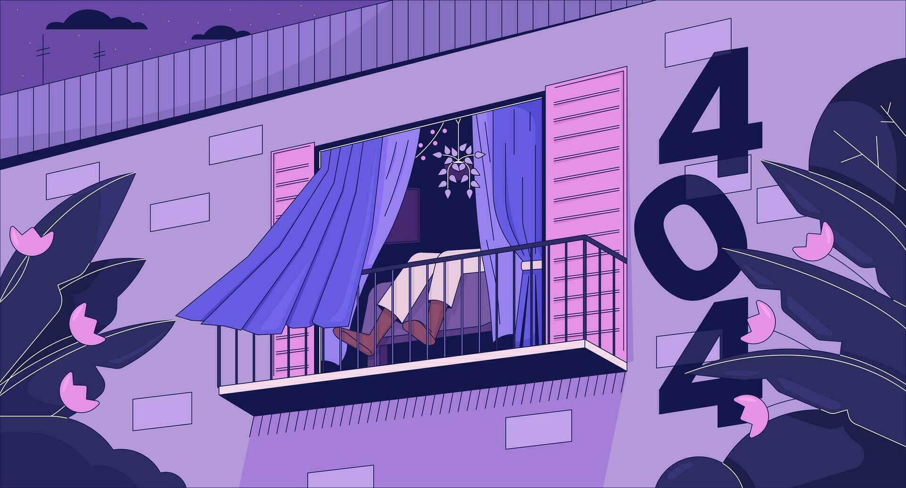 City view from window error 404 flash message. Public transport window. Website landing page ui design. Not found cartoon image, dreamy vibe. Vector flat illustration concept with 90s retro background
