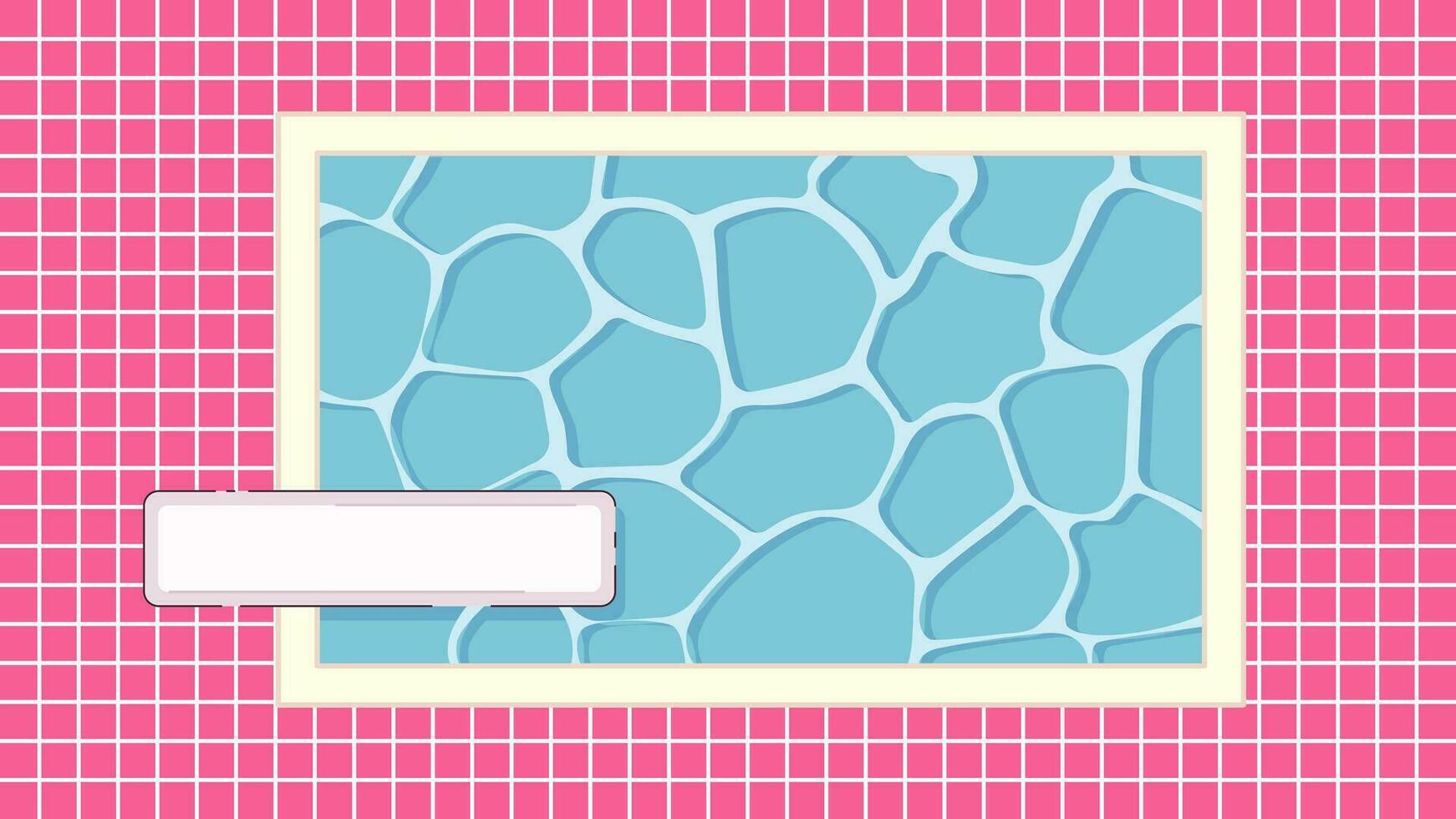 Swimming pool top view cute kawaii lo fi background. Lounge zone with jumping desk. 2D vector cartoon exterior illustration, lofi aesthetic wallpaper desktop. Japanese anime scenery, dreamy vibes
