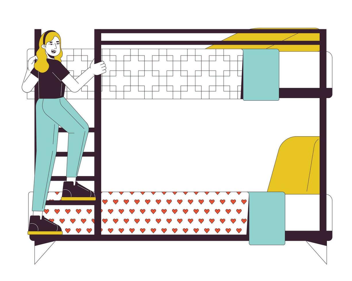 Female student climbing ladder on bunkbed flat line color vector character. Editable outline full body person on white. Traveler girl in hostel simple cartoon spot illustration for web graphic design