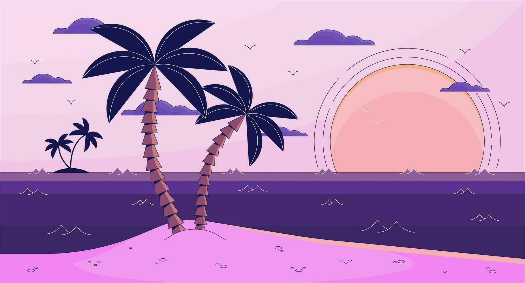 Bay lo fi aesthetic wallpaper. Sunset near ocean. Small island. Beach with palm tree and sand 2D vector cartoon landscape illustration, purple lofi background. 90s retro album art, chill vibes