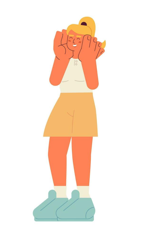 Delight on woman face semi flat color vector character. Attractive caucasian girl holding hands on cheeks. Editable full body person on white. Simple cartoon spot illustration for web graphic design