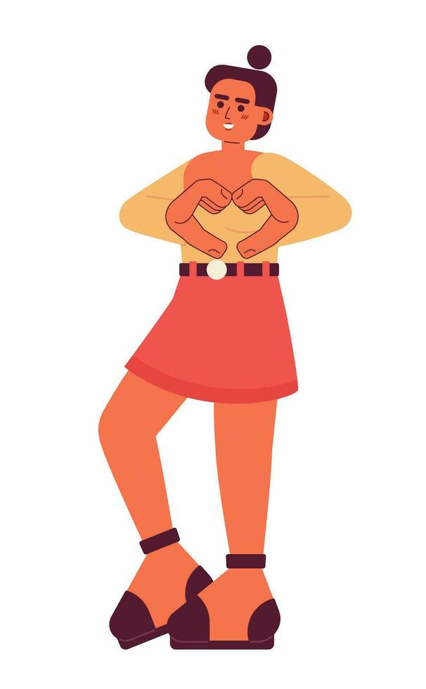 Showing heart sign semi flat color vector character. Attractive latina woman sharing love. Hands gesture. Editable full body person on white. Simple cartoon spot illustration for web graphic design