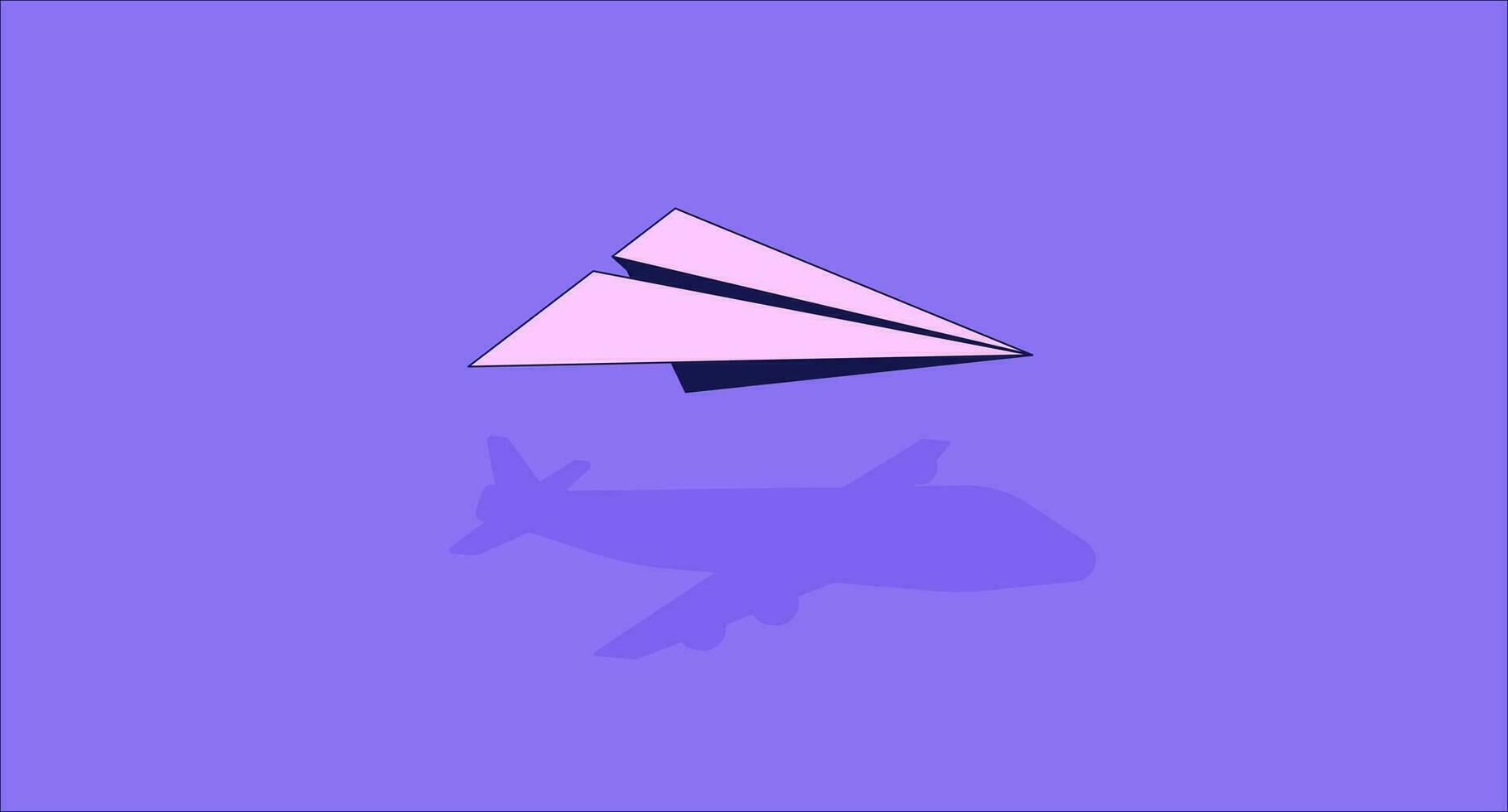 volador papel avión lo fi estético fondo de pantalla. sombra de avión. origami pasatiempo. de viaje 2d vector dibujos animados objeto ilustración, púrpura lofi antecedentes. 90s retro álbum arte, frío vibraciones