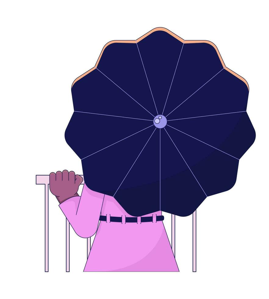 mujer debajo paraguas plano línea color vector personaje. cubierta desde lluvia. editable contorno lleno cuerpo persona en blanco. sencillo dibujos animados Mancha ilustración para web gráfico diseño