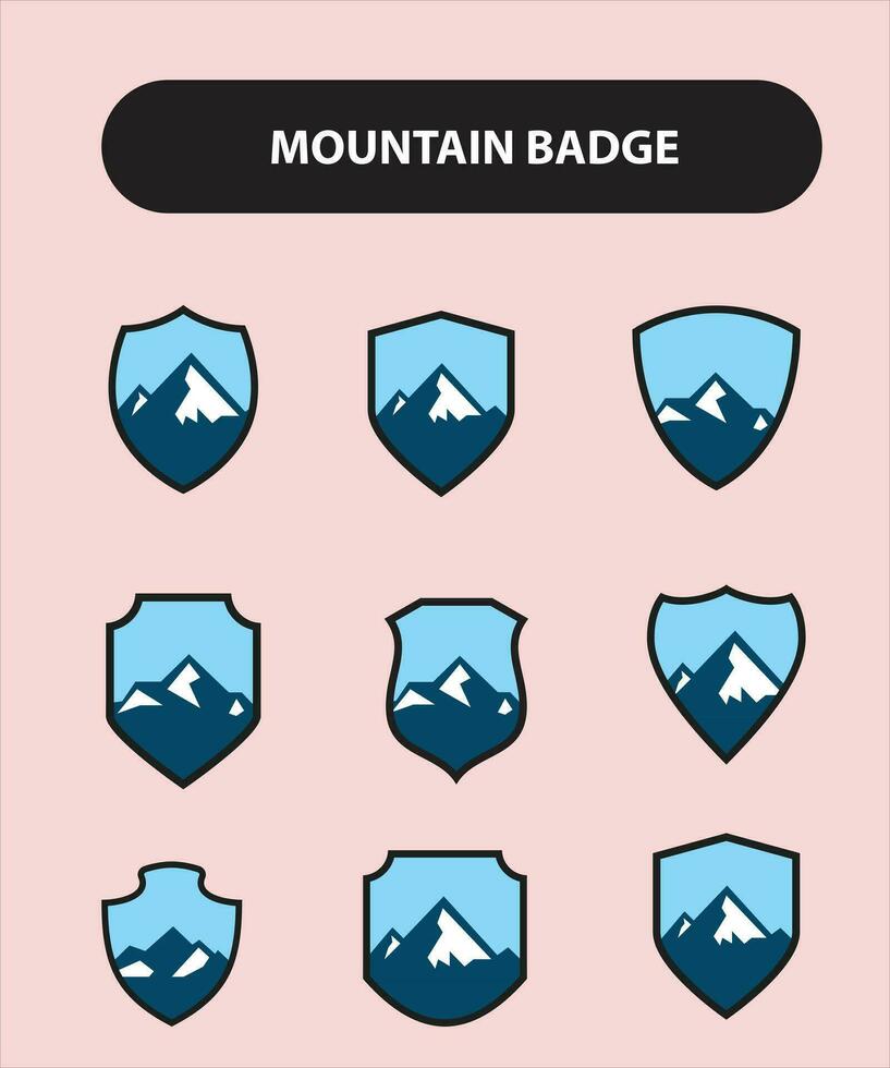 Set of nine mountain travel emblems. Camping outdoor adventure emblems, badges and logo patches. Mountain tourism, hiking. Forest camp labels in vintage style vector