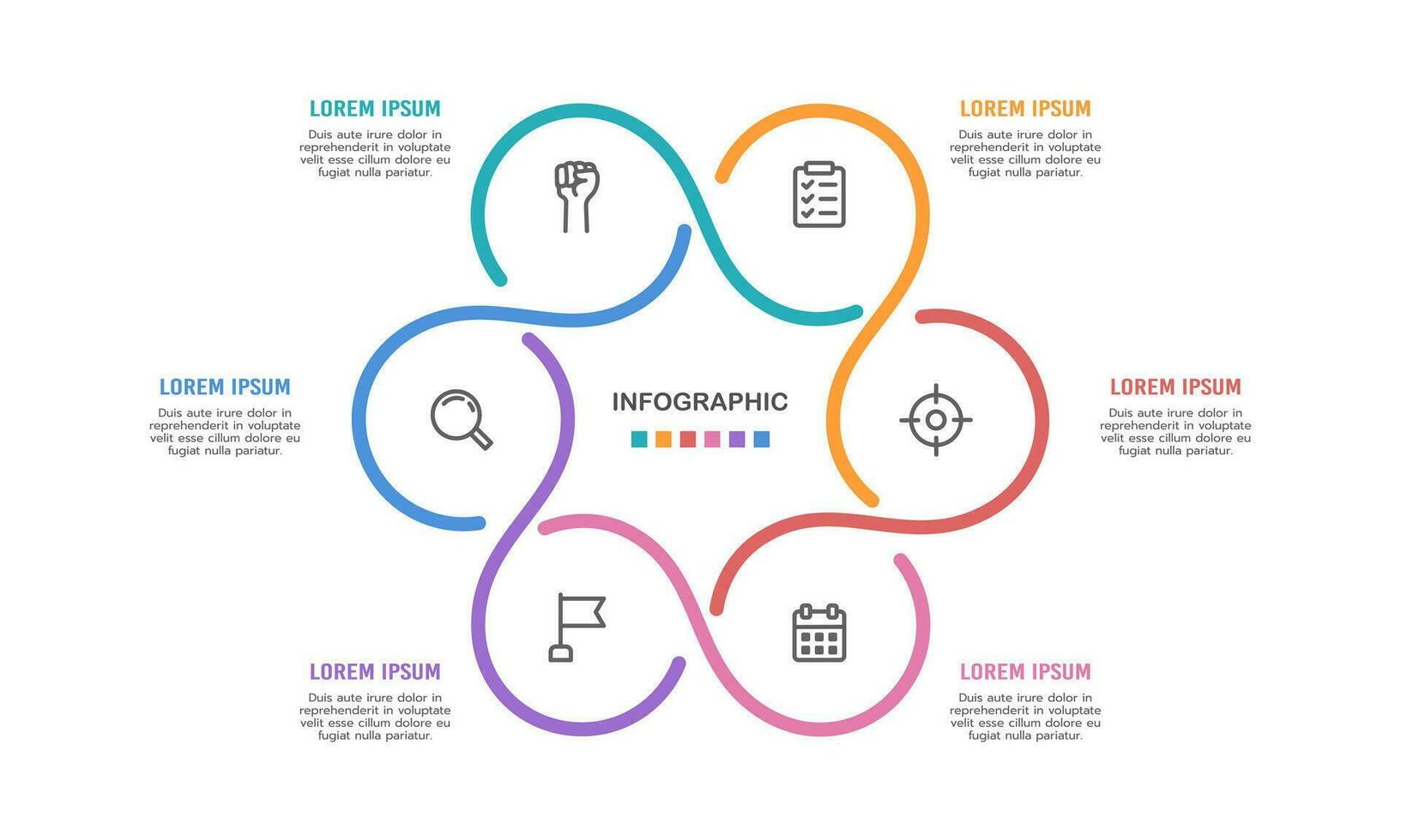 Workflow lines infographic. The pie chart is divided into 6 parts. Vector illustration.