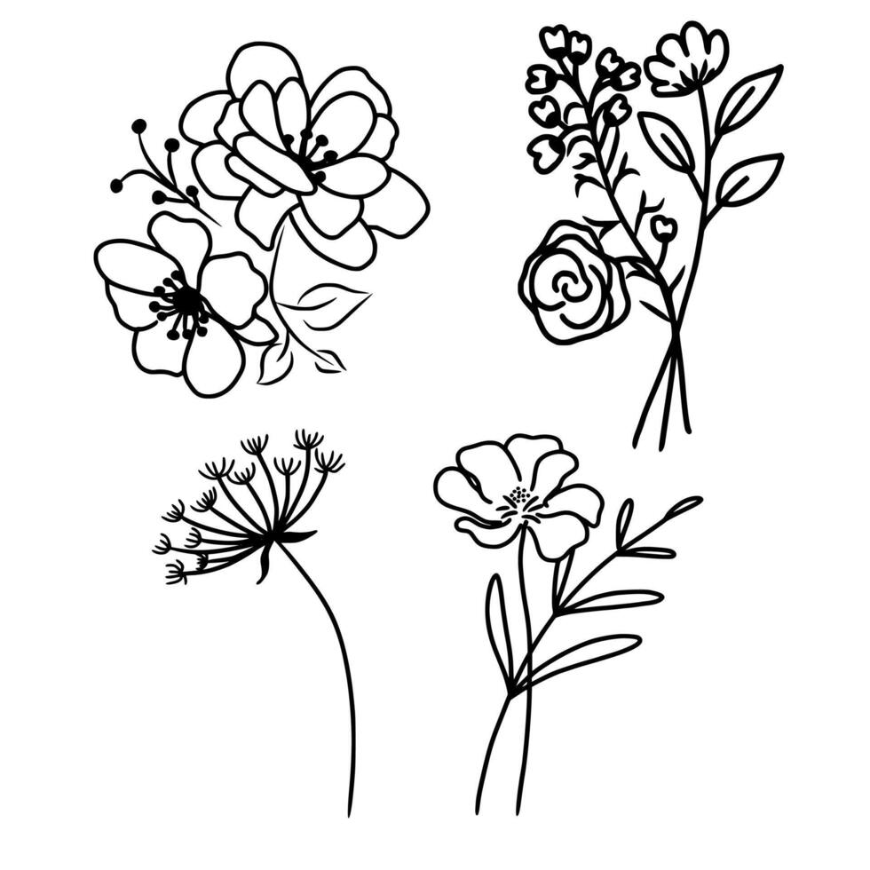 Hand Drawn Flowers Doodle Of Rose, Cherry Blossom, Coneflower and Jasmine vector