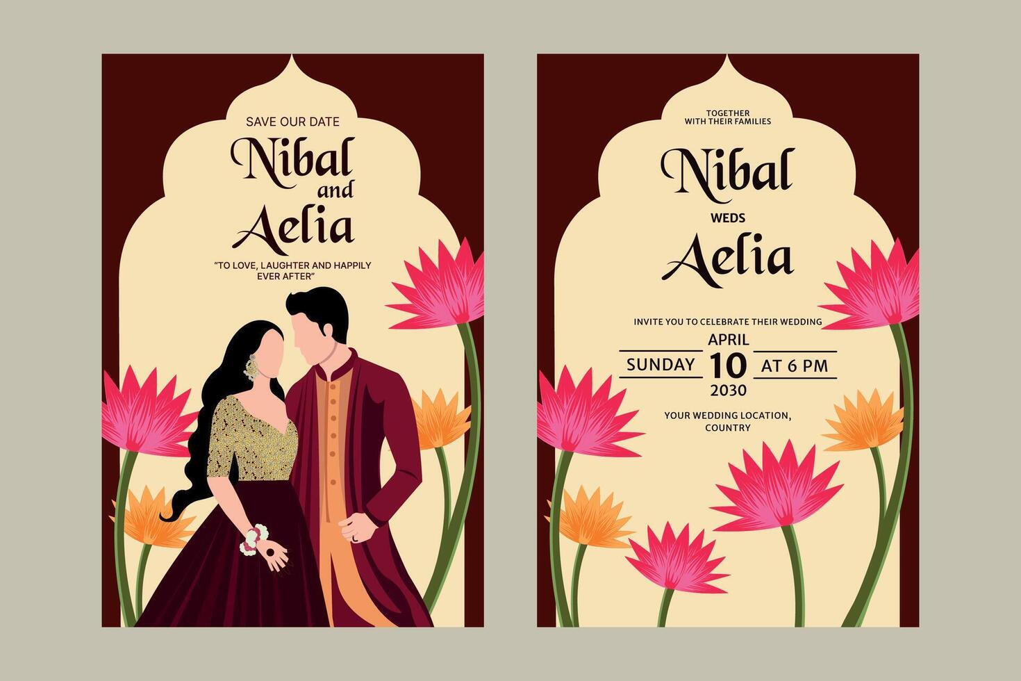 Vector indian wedding invitation card containing bride and groom wearing green colour mehendi outfits