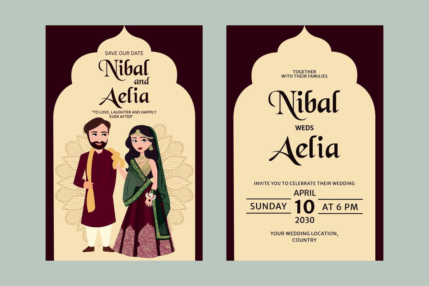 Vector indian wedding invitation card containing bride and groom wearing green colour mehendi outfits