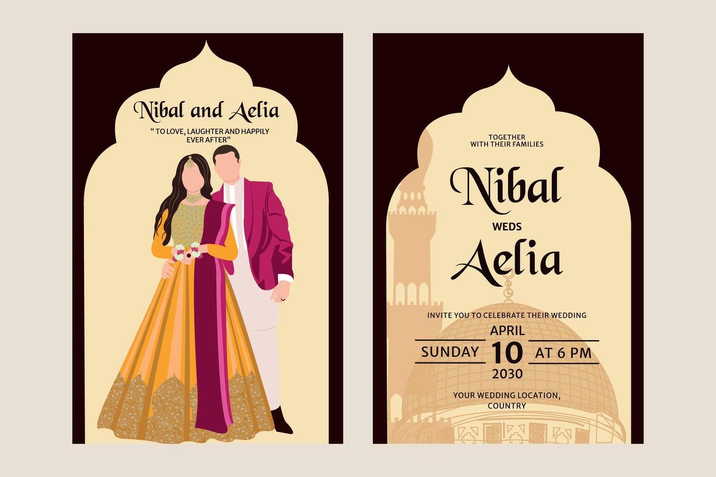 Vector indian wedding invitation card containing bride and groom wearing green colour mehendi outfits