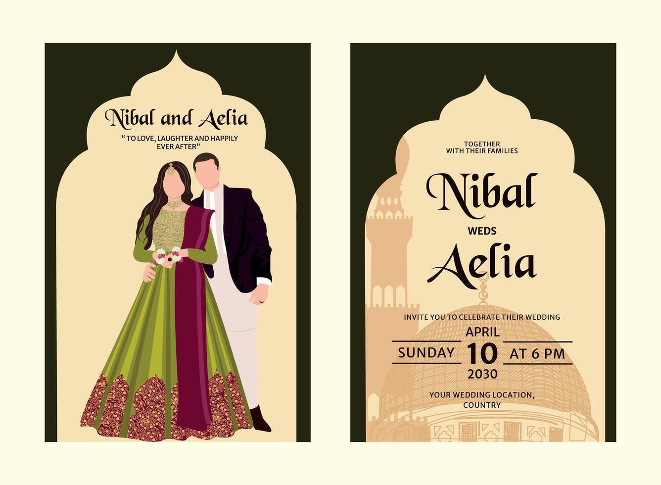 Vector indian wedding invitation card containing bride and groom wearing green colour mehendi outfits