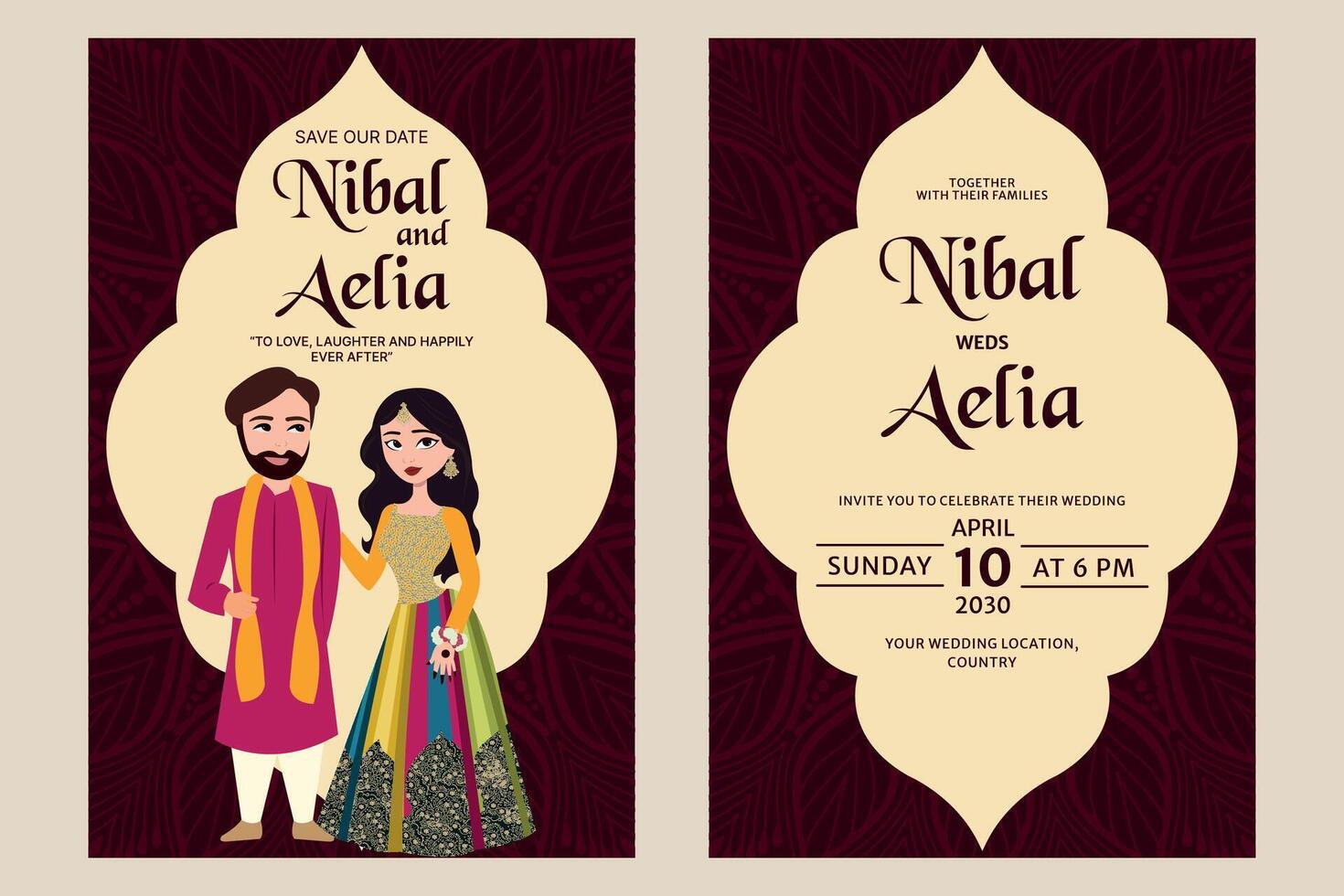 Vector indian wedding invitation card containing bride and groom wearing green colour mehendi outfits