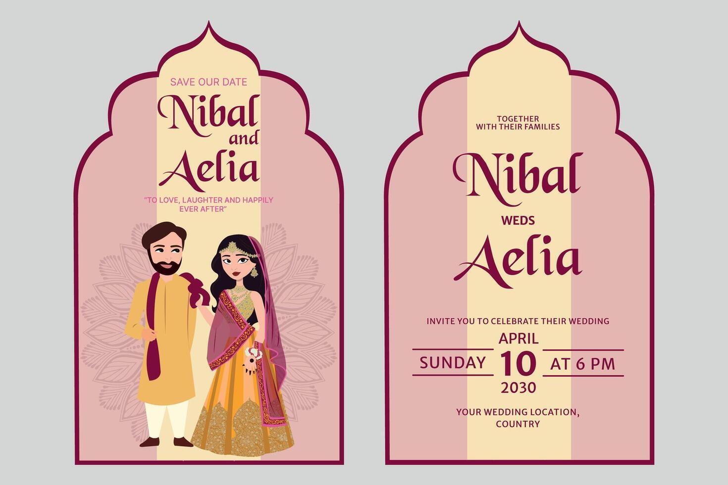 Vector indian wedding invitation card containing bride and groom wearing green colour mehendi outfits