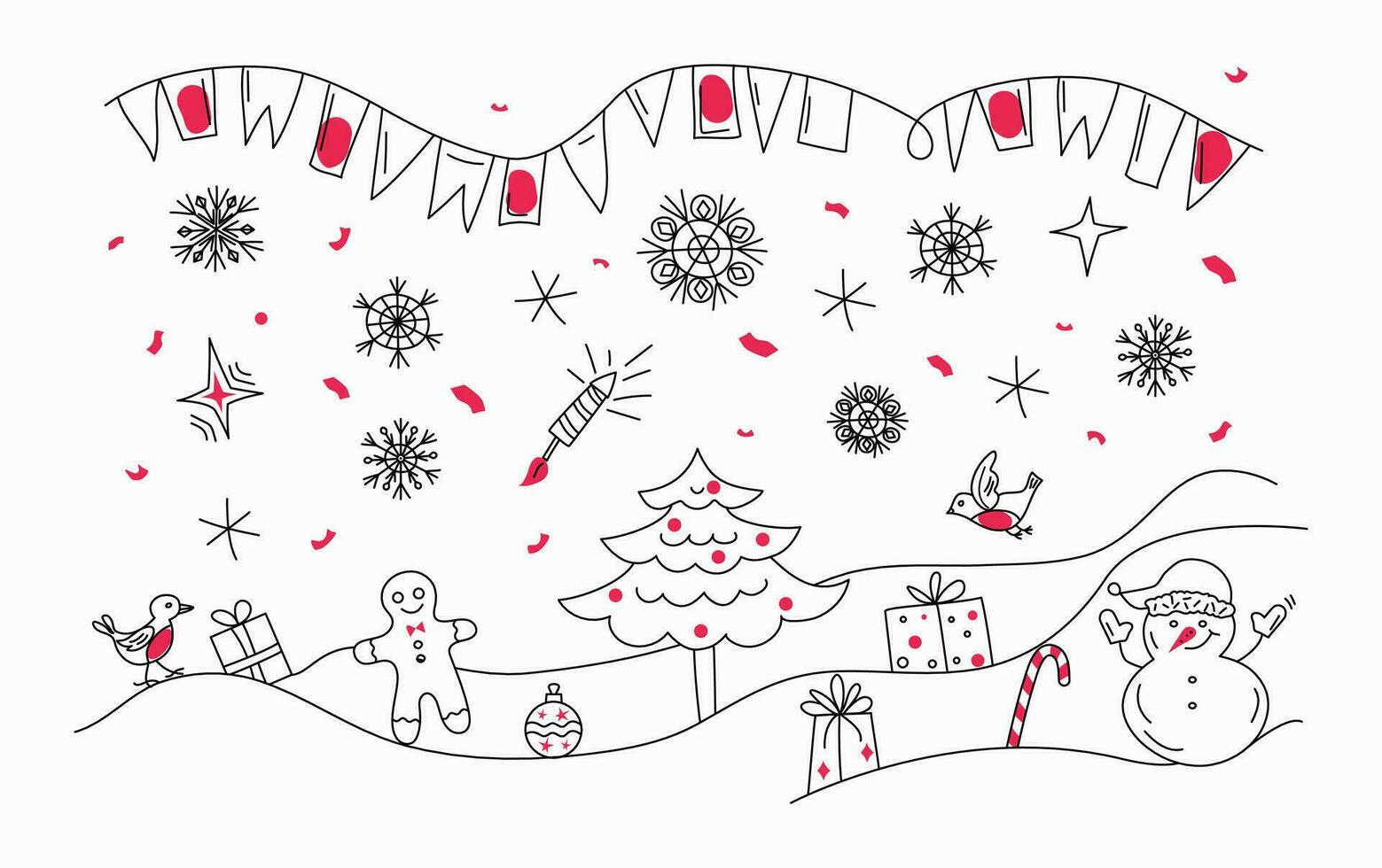 Banner Christmas. Linear New Year icons in doodle style. Christmas tree, snowflakes, gifts, flags. Festive decor, drawings. Vector background, illustration.