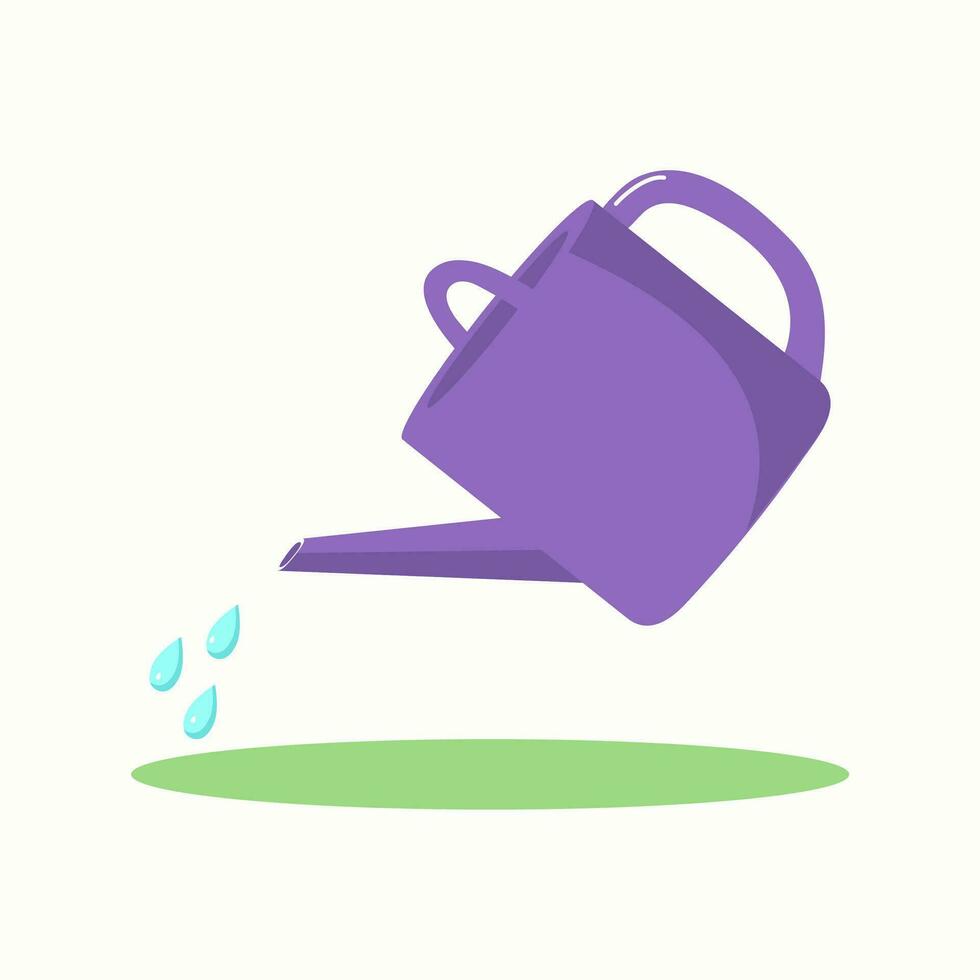 Watering can. Garden tools. Caring for plants, flowers, work in the garden. Watering, drops of water. Vector illustration on a white isolated background.
