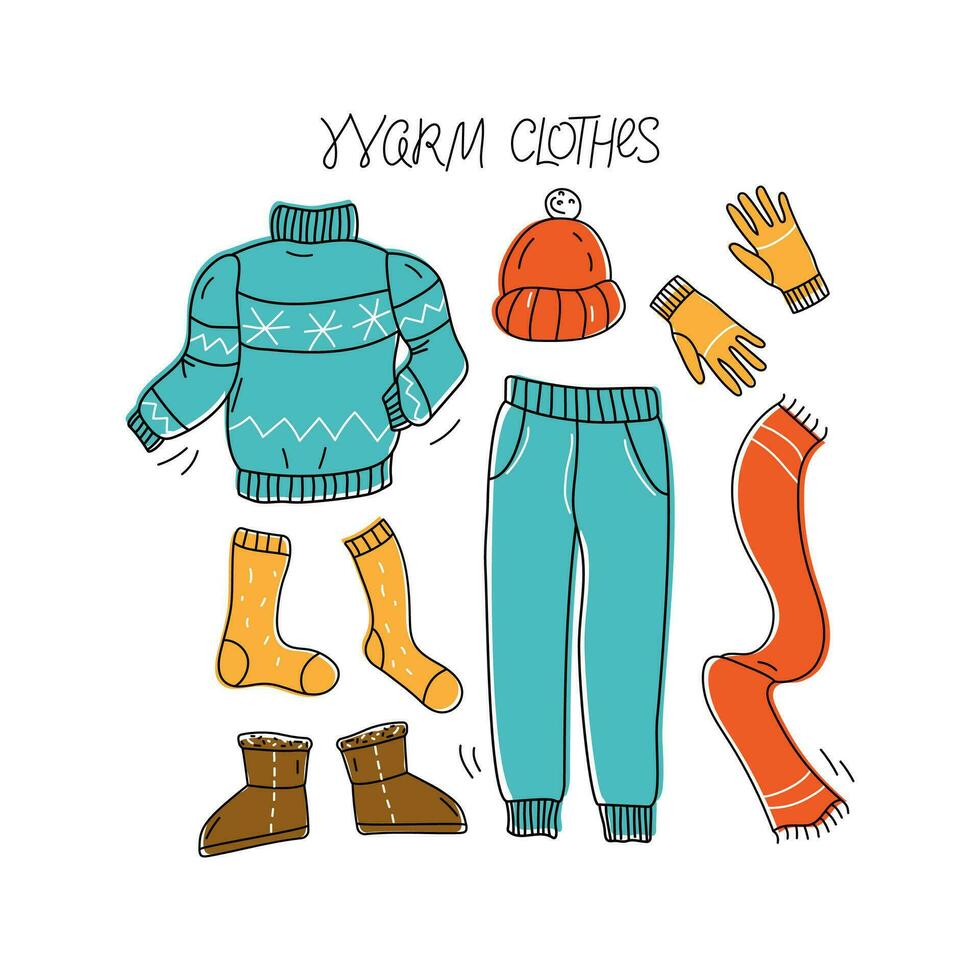 Winter warm knitted clothes. Sweater, trousers, hat, scarf, socks, gloves and fur boots with inscription. Cozy warm clothes, woolen suit. Fashion knitwear. Linear vector sketch icon Seasonal design.