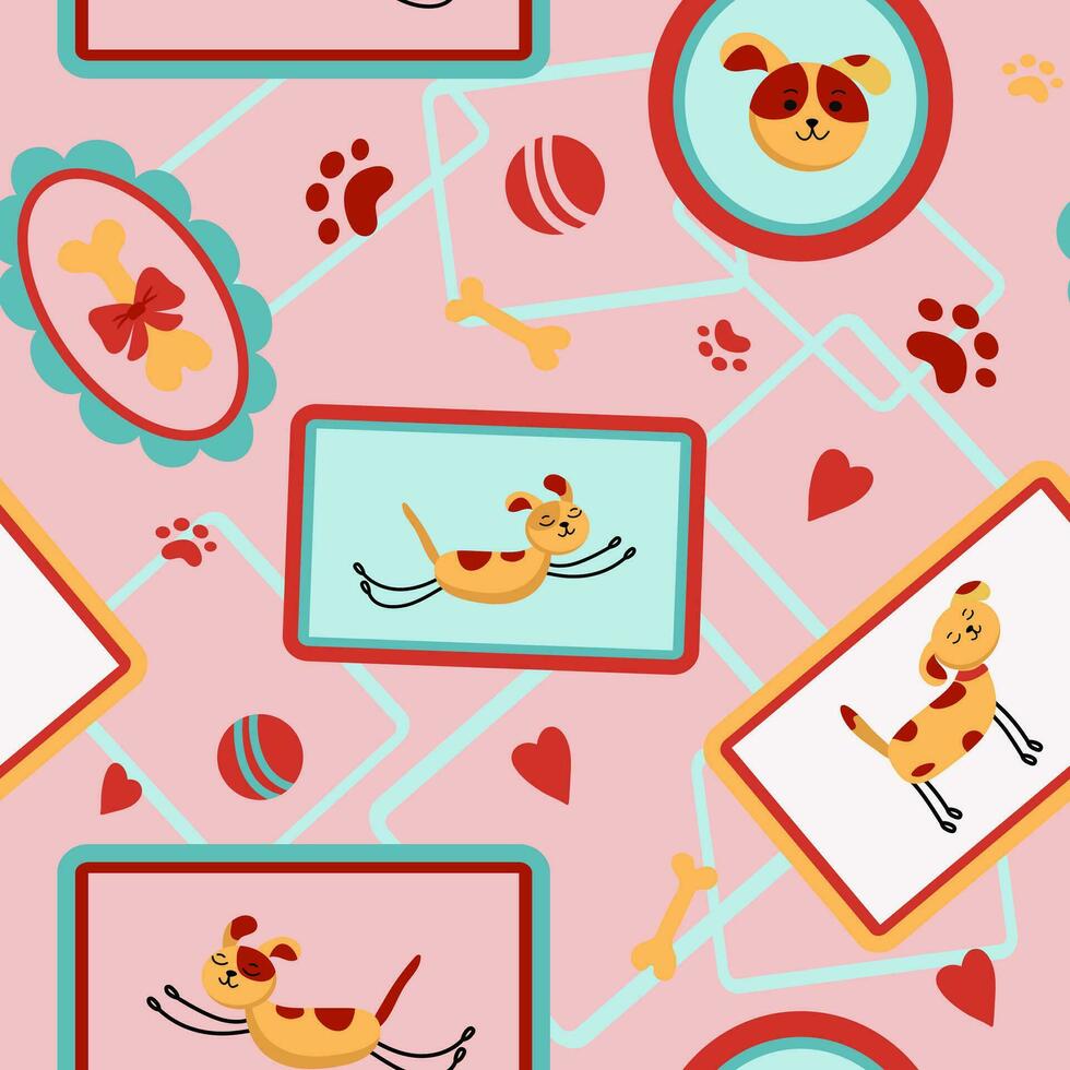Seamless vector pattern with drawn dogs, frame, portrait. Drawings . Doodle illustration. Background for textiles, packaging.