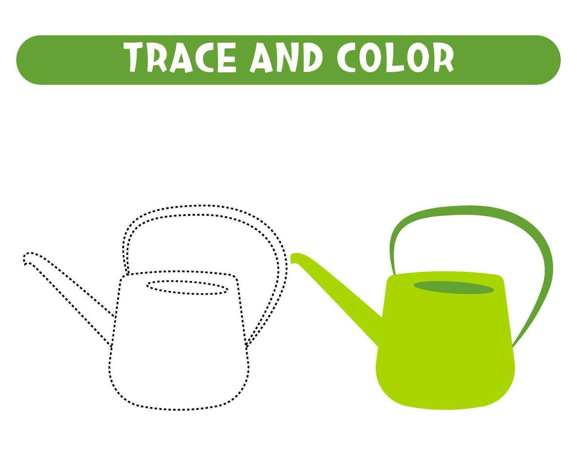 Trace and color green watering can Basic geometric shapes Educational game Worksheet for kids vector
