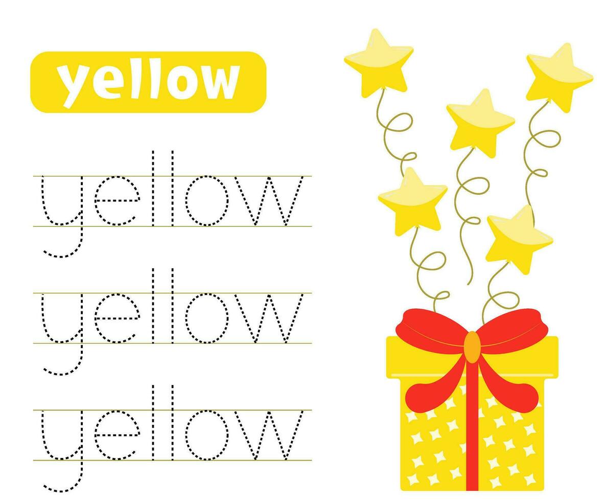 Trace and write word yellow. Learning colors with gift box and balloons. Worksheets for kids. vector