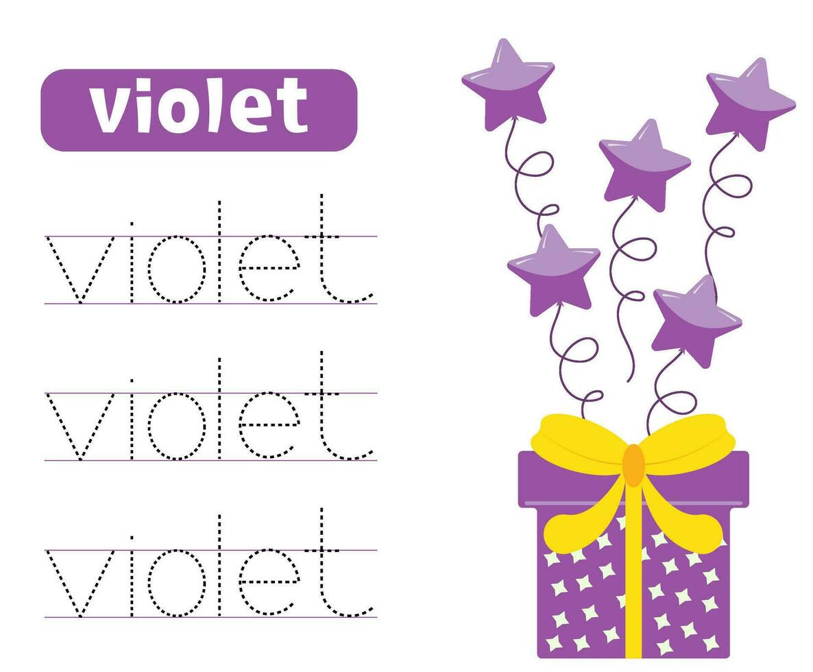 Trace and write word violet. Learning colors with gift box and balloons. Worksheets for kids. vector
