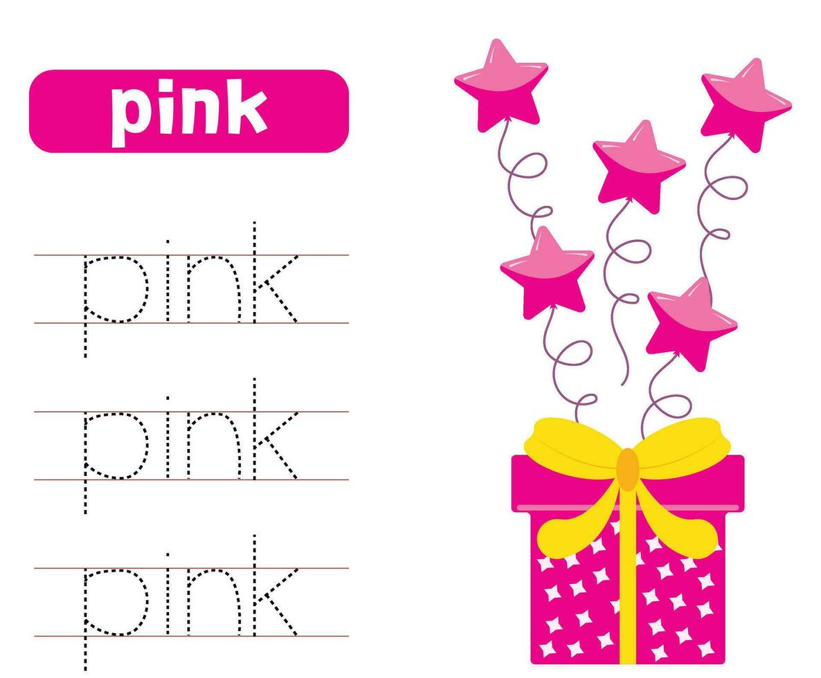 Trace and write word pink. Handwriting practice. Learning colors. with gift box and baloons. Worksheets for kids. vector
