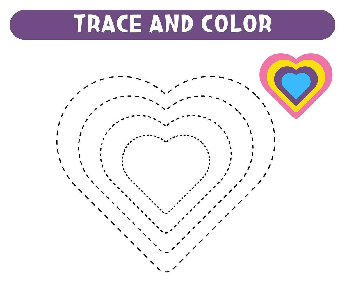 Trace and color hearts Basic geometric shapes Educational game Worksheet for kids vector