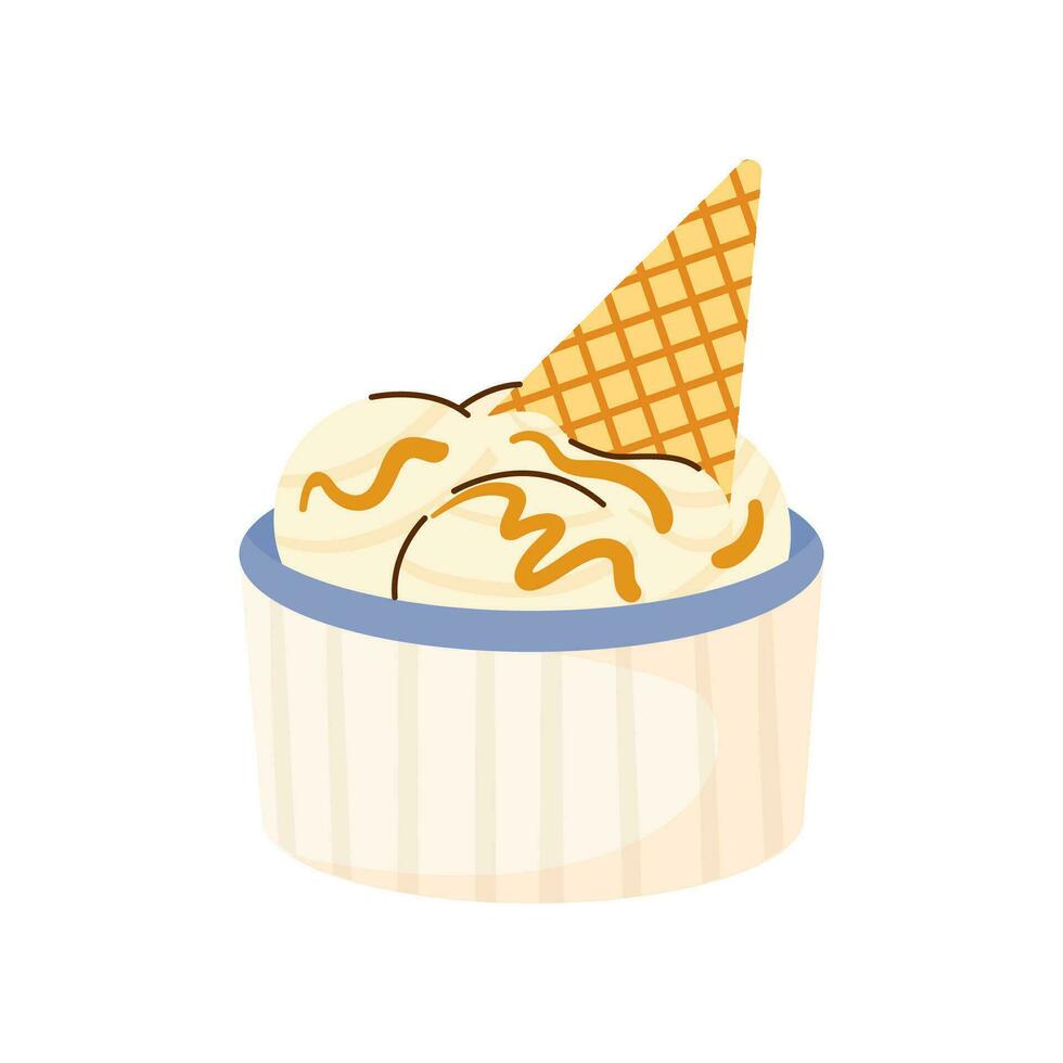 hielo crema vainilla con Adición maní mantequilla en cuenco ilustración. gofre cono con hielo crema pelotas. Leche dulce postre. vector