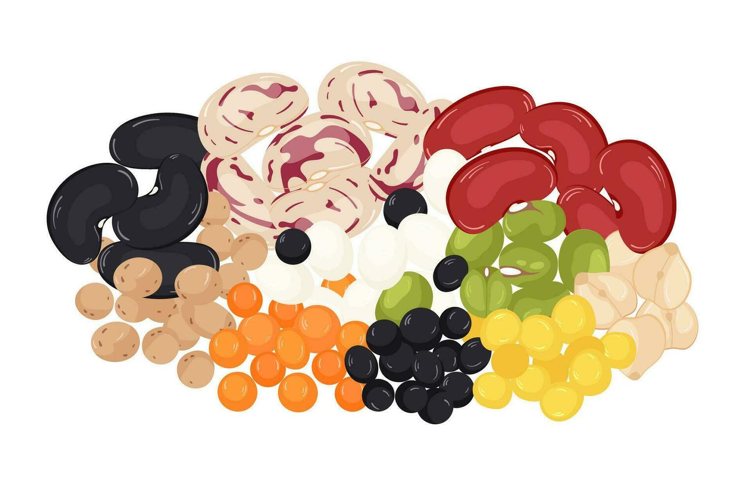 Heap of various leguminous grains on white background. Grains of beans, kidney beans, soybeans, lentils, chickpeas, mung vector