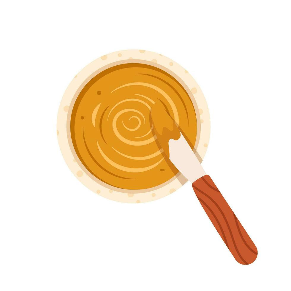 Peanut butter bowl and knife, top view illustration. Toasts with peanut paste. Healthy protein food. Vegetarian snack and dessert vector