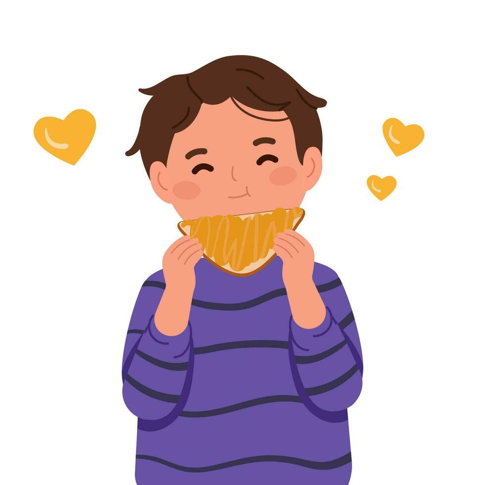 Happy child eating slice peanut butter toast. Boy enjoying favorite snack. Peanut butter lovers. vector