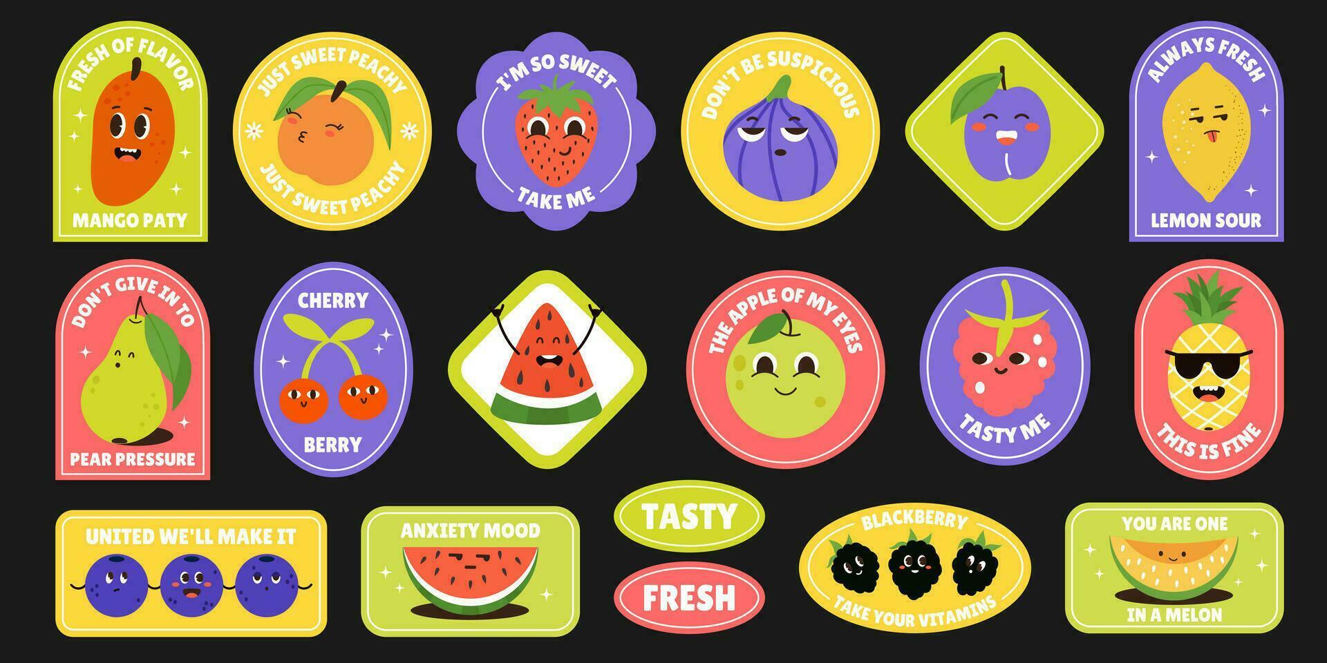 Fruit and berries funky cartoon stickers. Comic character food, slogan, quotes. Summer juicy sticker pack vector