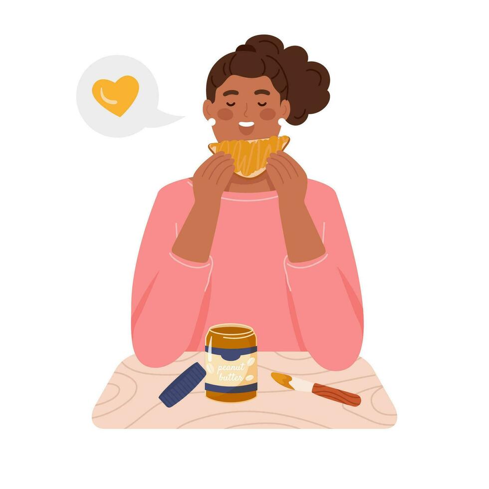 Happy woman eating peanut butter toast. Female sitting at table enjoying tasty food. Peanut butter lovers. vector