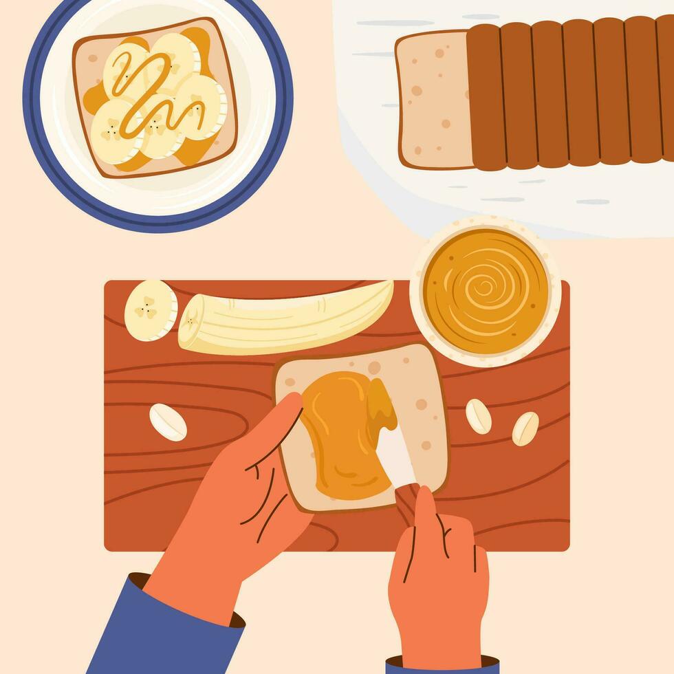 Cooking toast with peanut butter, top view. Couple hands cooks a sandwich for breakfast vector