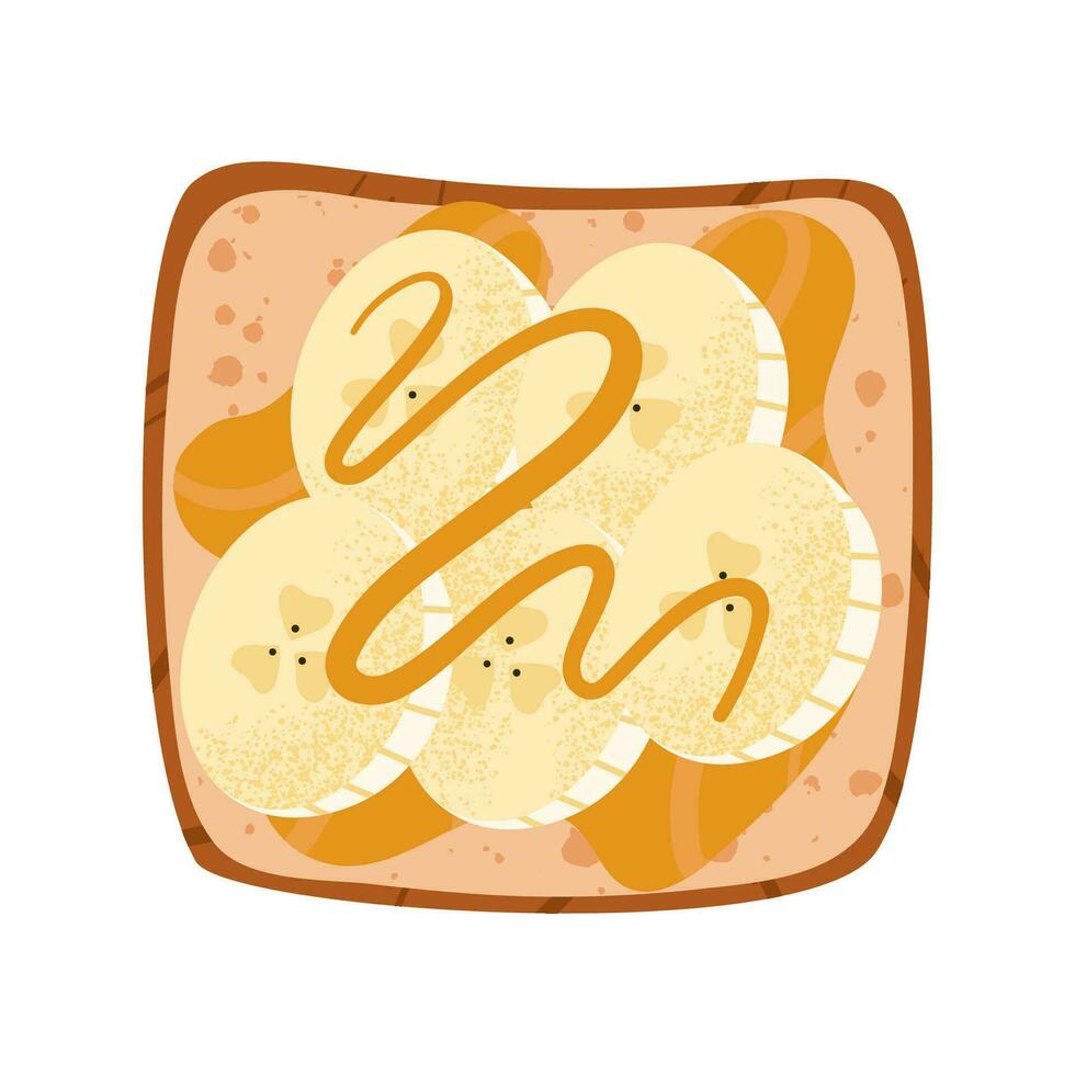 Sweet banana and peanut butter toast. Open fruit sandwich with oily topping on grilled square bread. Breakfast healthy protein food. vector