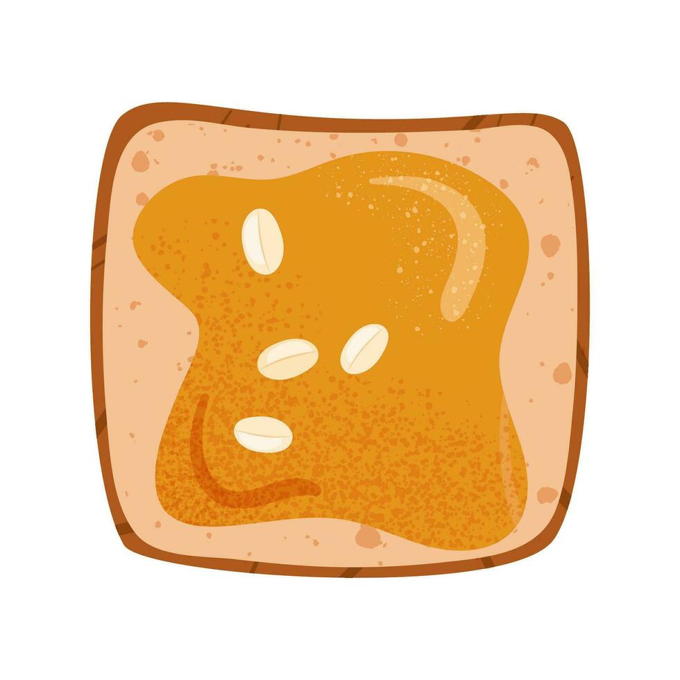 Sweet peanut butter toast. Open sandwich with oily topping and fried peanut on grilled square bread. vector