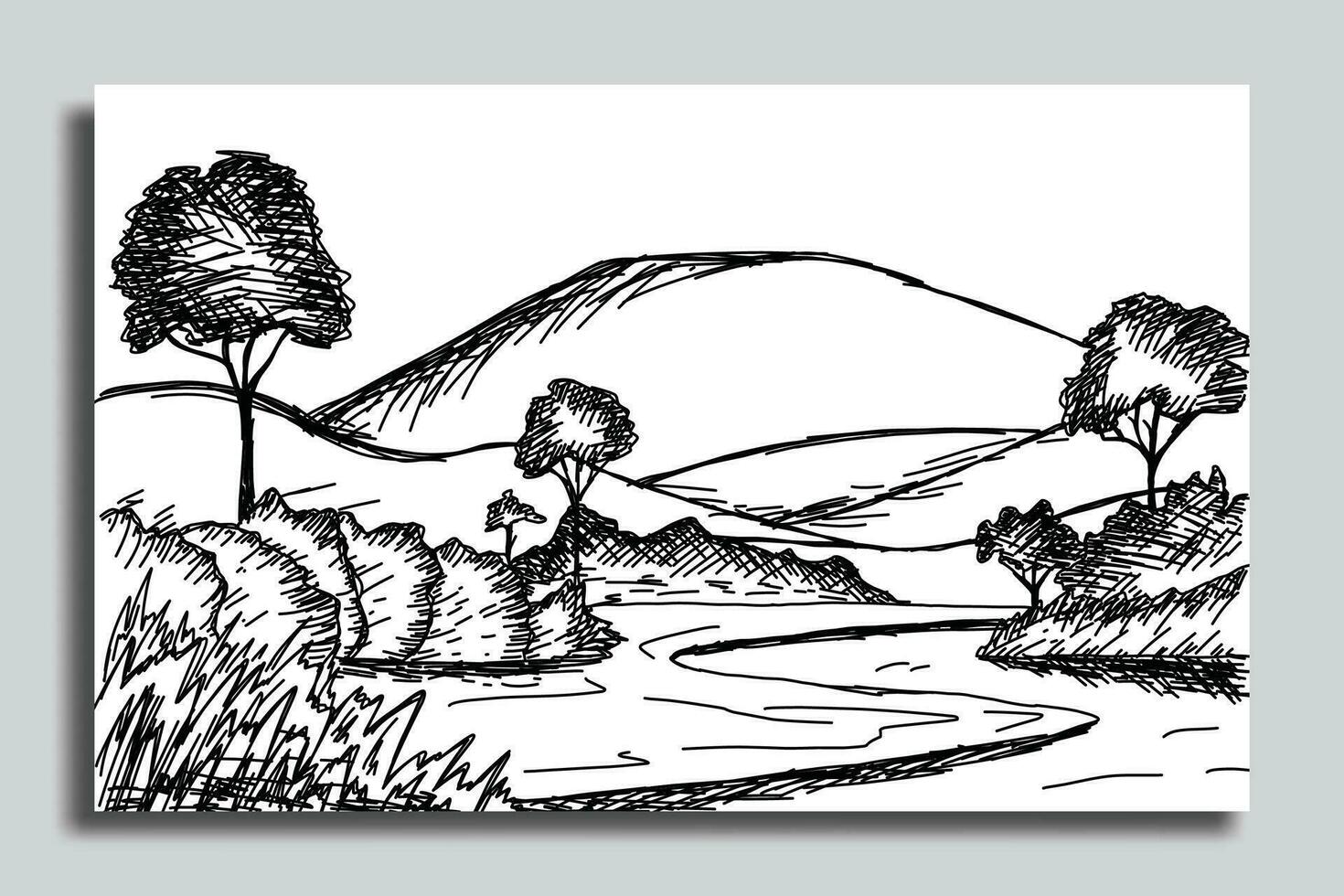 illustration sketch of a mountain view, with views of mountains, trees, and river vector