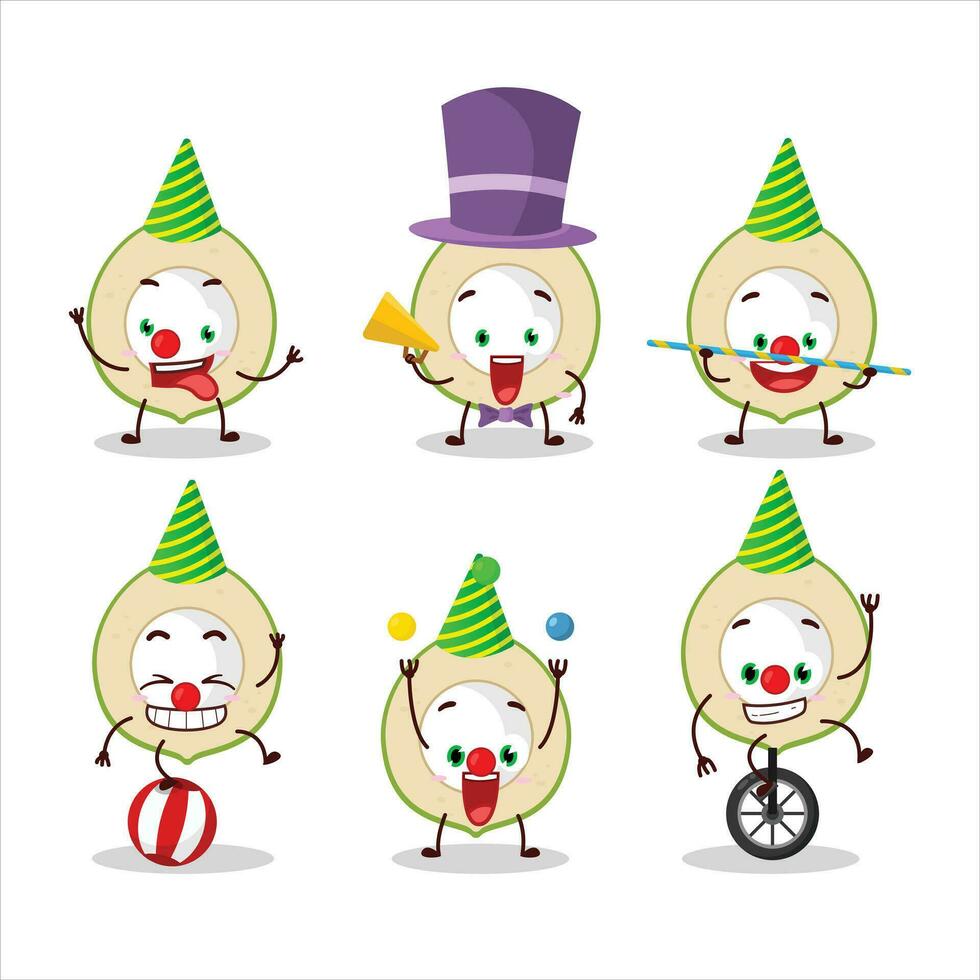 Cartoon character of slice of green coconut with various circus shows vector