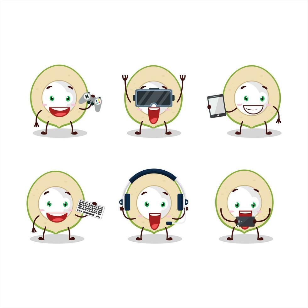 Slice of green coconut cartoon character are playing games with various cute emoticons vector