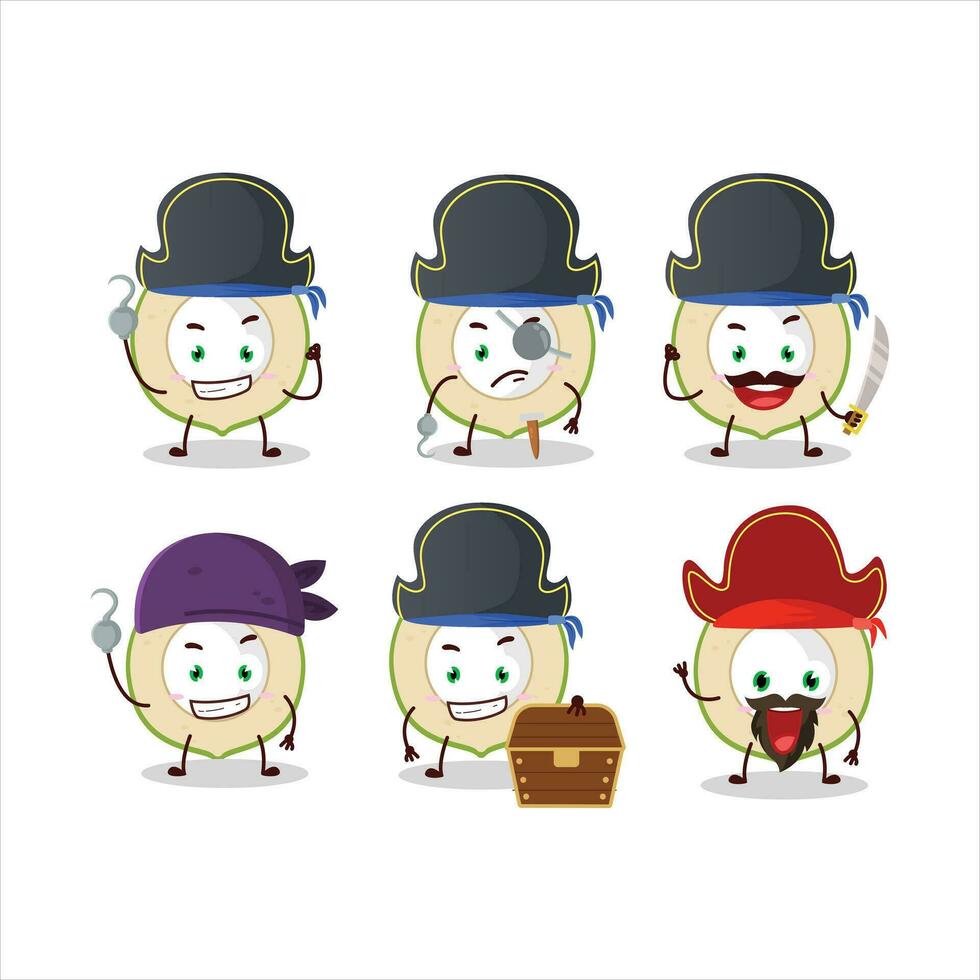 dibujos animados personaje de rebanada de verde Coco con varios piratas emoticones vector