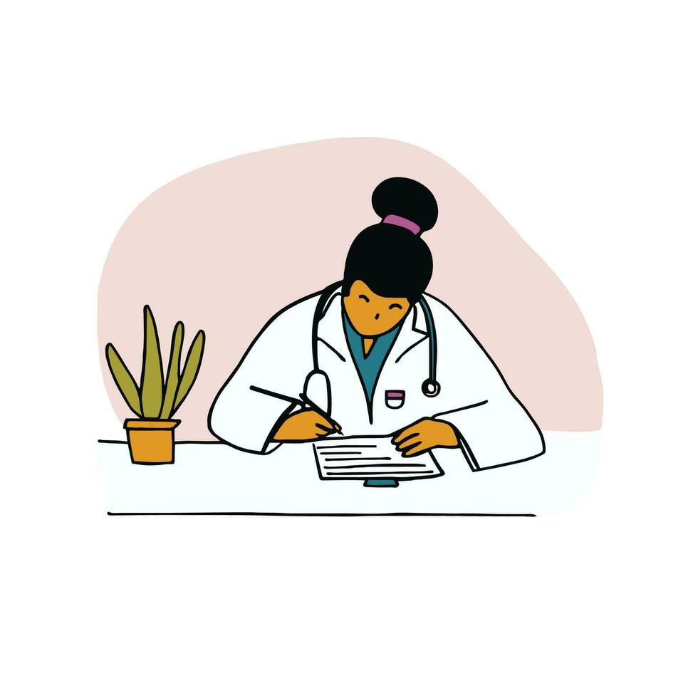 Experience the dedication of healthcare with this captivating illustration of a woman doctor sitting and writing. Healing through knowledge. vector