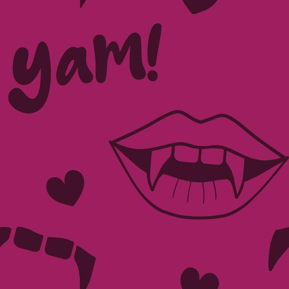 Sink your teeth into this bewitching seamless pattern featuring line drawing of red lips, vampire fangs, hearts and the playful word 'Yam' vector