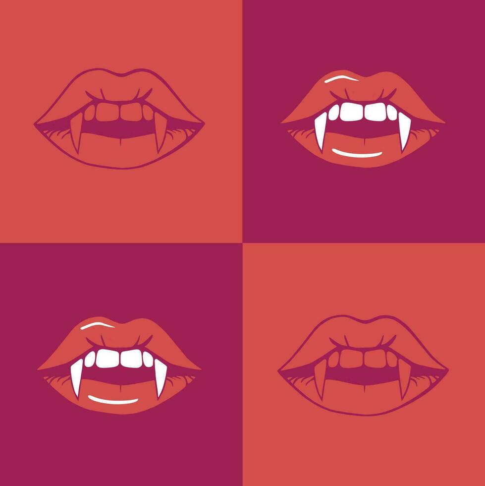 Unleash your dark side with this captivating poster featuring four squares of pink and peach colors and seductive red lips with vampire fangs. vector