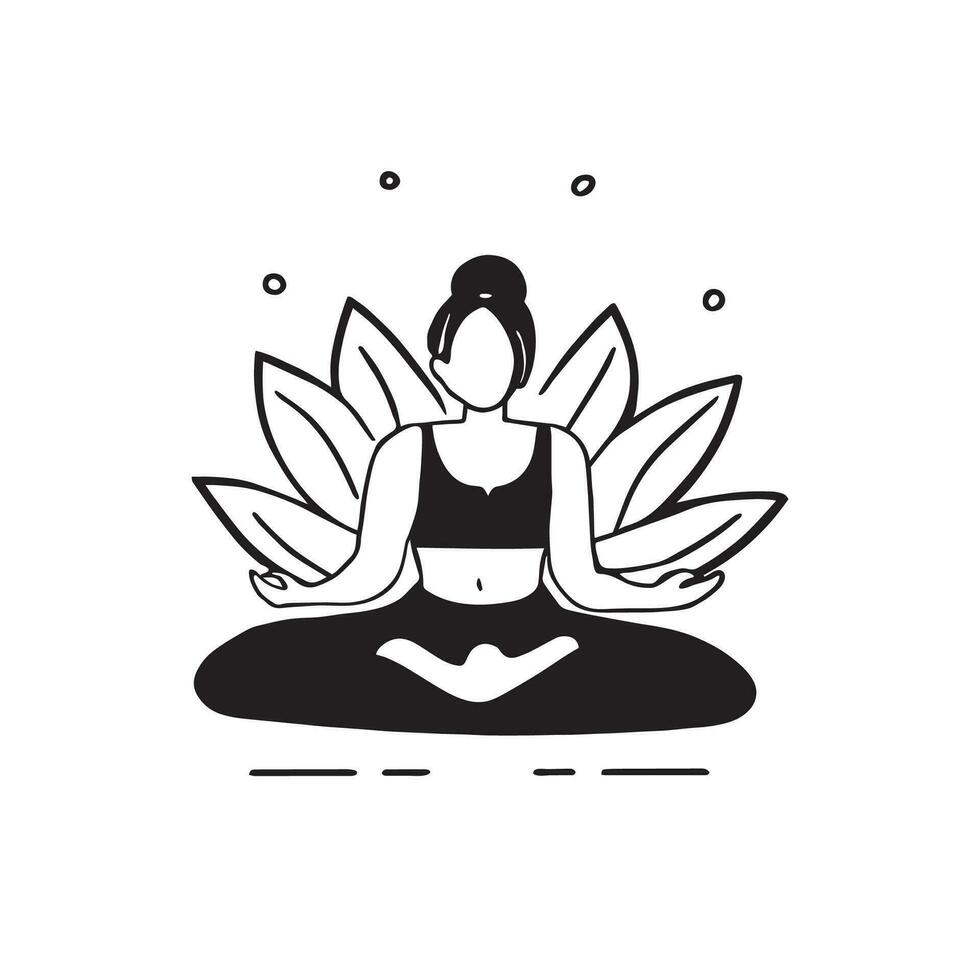 Discover serenity with this captivating black and white lotus yoga logo featuring a meditating girl in minimalism style. Embrace inner calm. vector