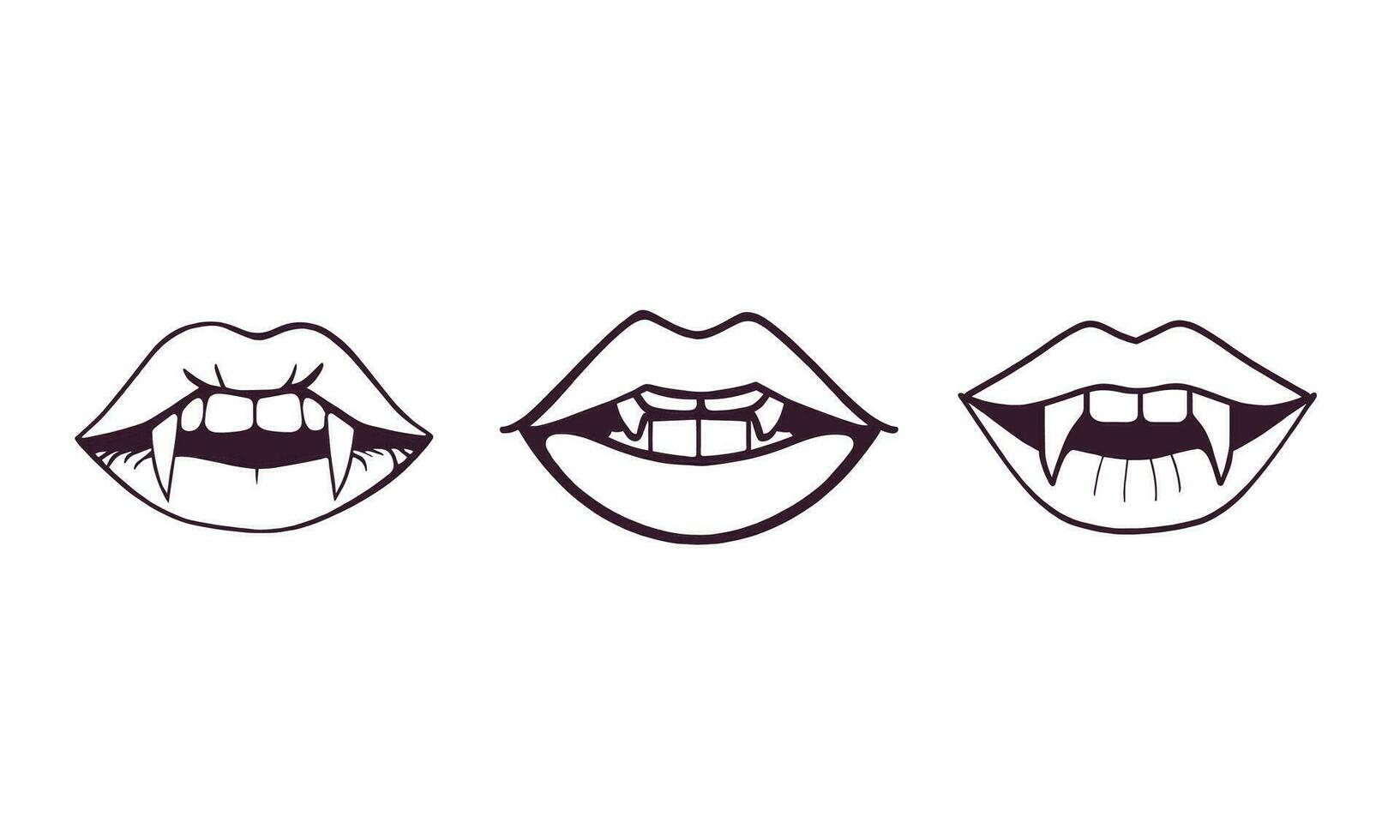 Discover the enchanting variety of allure with this captivating poster showcasing line art of three types of woman's lips with vampire fangs. vector