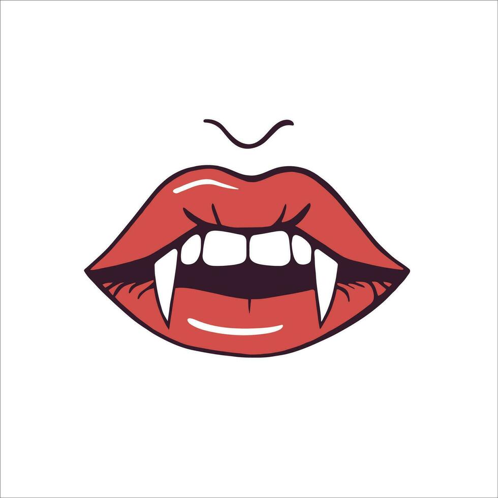 Indulge in the allure of the night with this captivating Halloween vector of seductive red lips, revealing sharp vampire fangs.