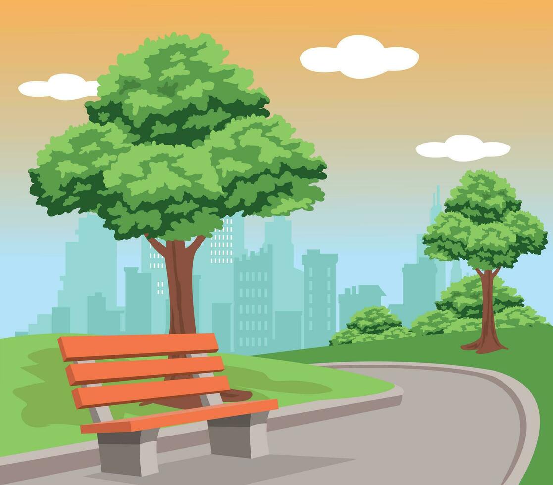 City park with green trees and grass, wooden bench, lanterns and town buildings on skyline vector