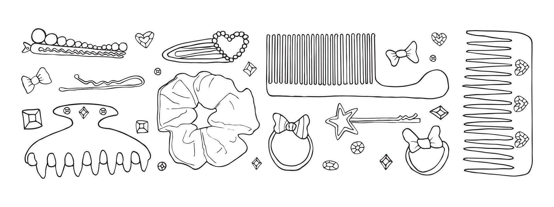 vector hair accessories line drawing set, hair saloon doodle, beauty bow and elastic for girl hairstyle