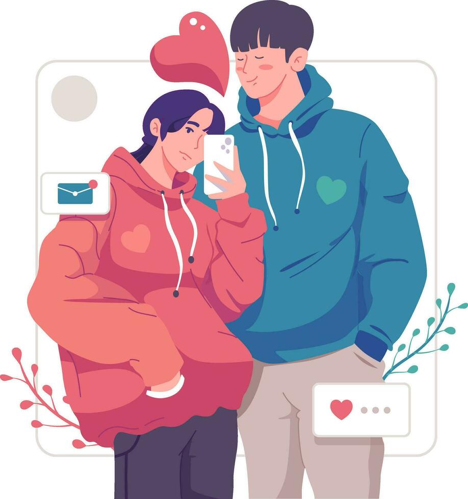 Romantic lovers are taking selfie with great passion. Happy young couple portrait. Valentine's Day and Happy Anniversary concept. vector