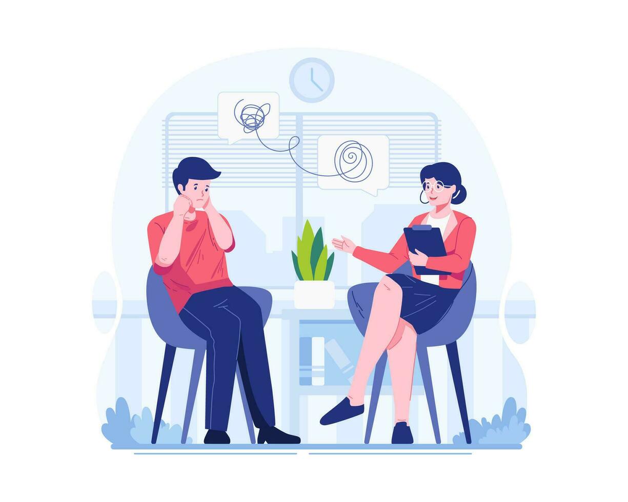 World Mental Health Day Illustration. In Psychotherapy Practice, a Female Psychiatrist Consulting a Male Patient. Psychological Therapy and Treatment, Private Counseling Concept vector